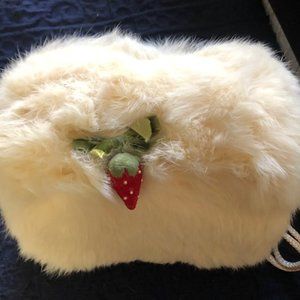 1960's Vintage Creamy White Girls Fur Muff with strawberry embelishment